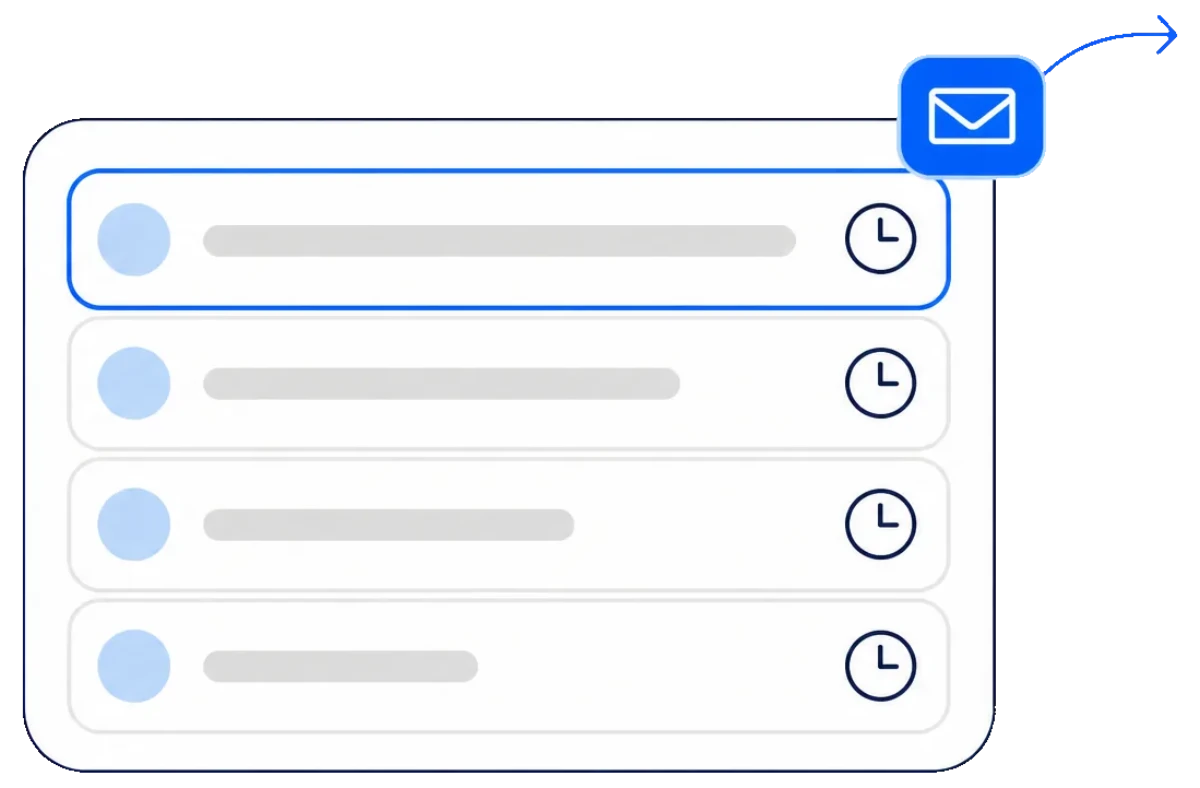 Liste offener Aufträge nach Wartezeit sortiert, oben der älteste, daneben ein Briefsymbol
